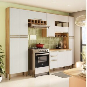 Cozinha Modulada Completa 5 Peças 13 Portas 2 Gavetas Com Tampo E Vidro Reflecta 100% Mdf Itália Esp Amêndoa/off